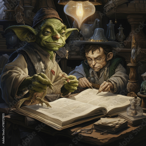 Close-up of a fairy scribe and goblin accountant managing enchanted books, 1:1