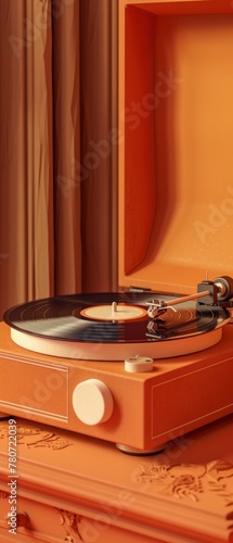 Classic turntable in 3D clay, warm room setting, vinyl texture, music lovera  s dream, retro feel art , professional color grading photo