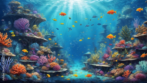 Illustration of an enchanting underwater world, with coral reefs teeming with colorful fish and marine life.