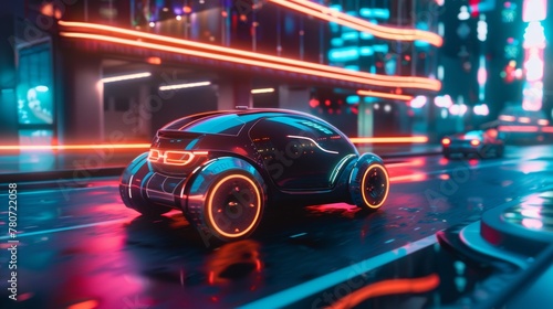 A sleek futuristic car gleams under neon lights in a vibrant cyberpunk cityscape, reflecting high-tech vibes and advanced urban design. Car © Lena_Fotostocker