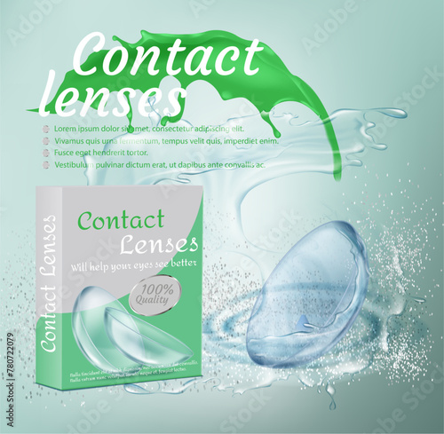 Realistic promotion banner with contact lenses in water splashes on blue background