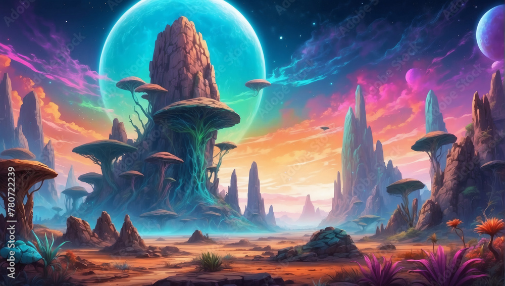 Illustration of an otherworldly alien landscape, with strange rock formations and exotic plant life under a colorful alien sky.