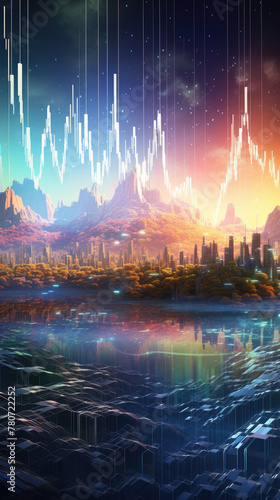 Surreal stock market charts floating on a fantasy landscape, ethereal glow, vivid details. photo