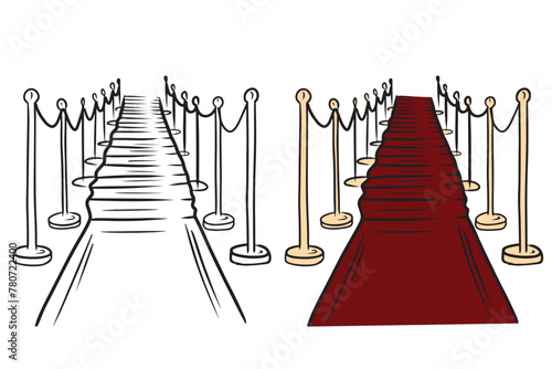Beautiful red carpet in the cinema with golden stands isolated on white background. Hand drawn vector sketch illustration in doodle engraved line art style. Concept of festival, stars, Hollywood