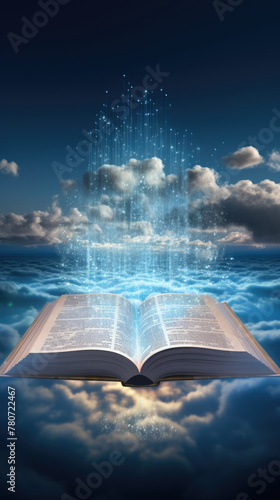 A mystical book with pages turning into digital clouds, where every word spells the future of information technology
