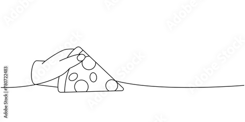 Hand holding a italian pizza slice one line continuous drawing. Traditional italian fast food continuous one line illustration.