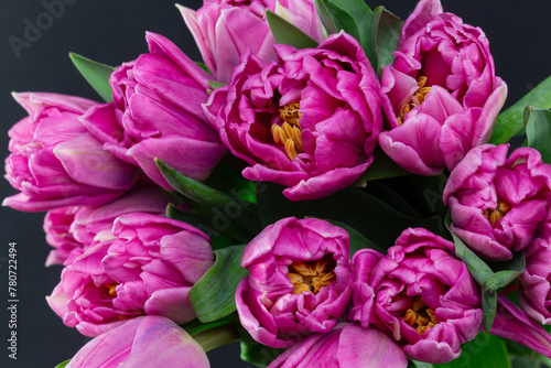 A bouquet of pink peony-shaped tulips in close-up