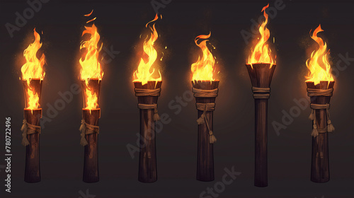 Set of Burning fire on old torch isolation, Illustration 