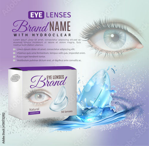 Realistic promotion banner with contact lenses in water splashes on blue background