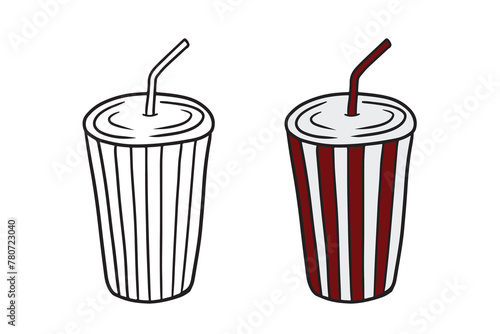 Disposable plastic carton cup with straw for tea, coffee, soda drink in red colors isolated on white background. Hand drawn vector sketch illustration in doodle engraved vintage style. Coloring book