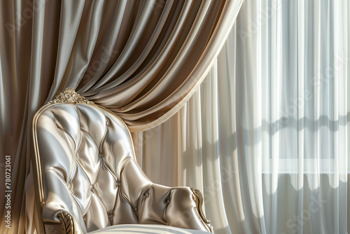 A classic armchair with silk upholstery standing close to a window with silk curtains. Luxury. Background image. Created with Generative AI technology.