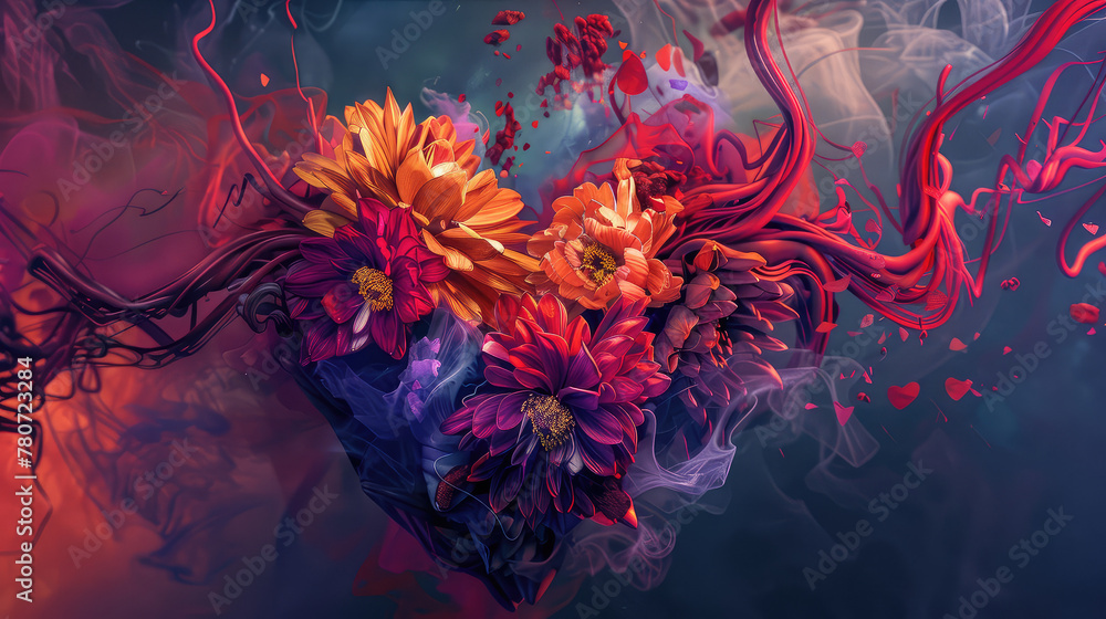 Obraz premium Flaming Watercolor: A vivid blend of red and yellow swirl together, resembling fire amidst the cool hues of water, capturing the essence of heat and intensity