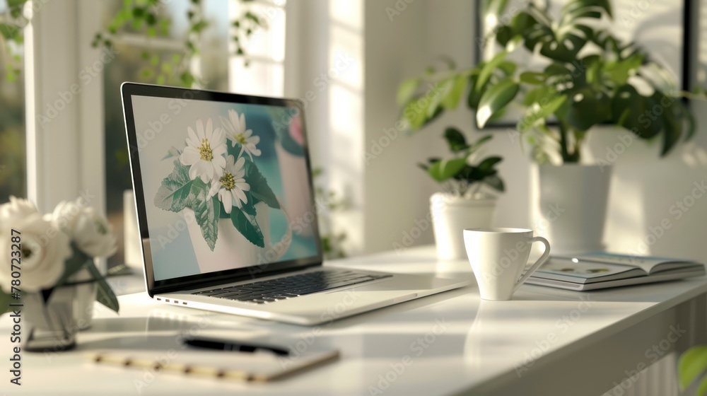 Comfortable workplace with laptop computer, houseplants and coffee cup on white table. Blank screen for your advertising text. Comfortable workplace with laptop computer, houseplants and coffee cup on white table. Blank screen for your advertising text.