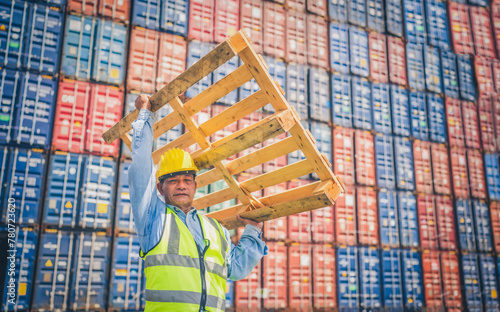 Portrait of Engineer or foreman wears PPE checking container storage with cargo container background at sunset. Logistics global import or export shipping industrial concept.