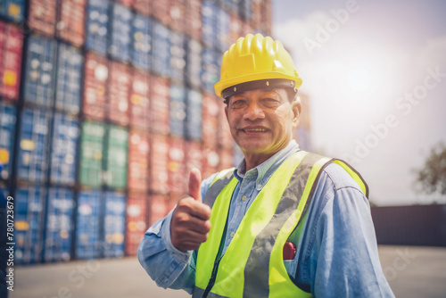 Portrait of Engineer or foreman wears PPE checking container storage with cargo container background at sunset. Logistics global import or export shipping industrial concept.