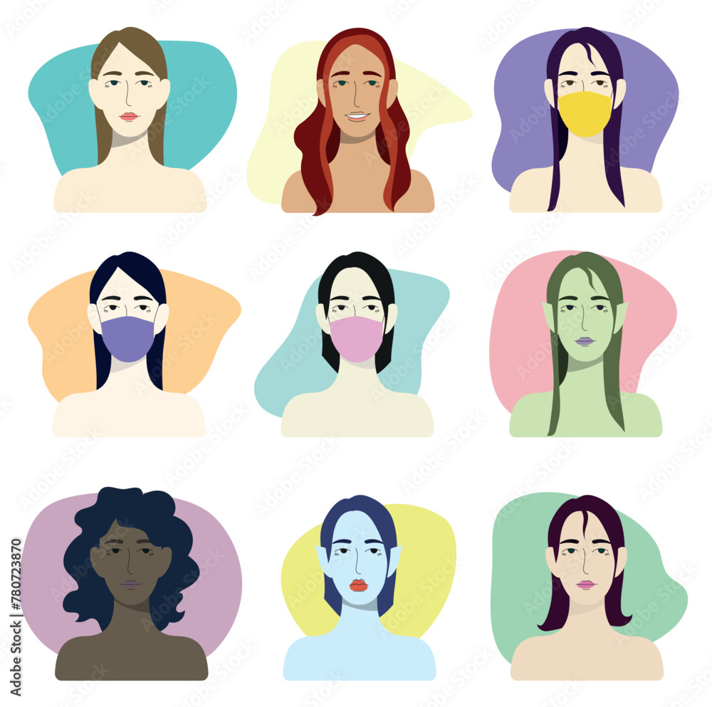 vector set of cartoon portraits of various female characters with different skin color, hair color and nationality vector set of cartoon portraits of various female characters with different skin color, hair color and nationality