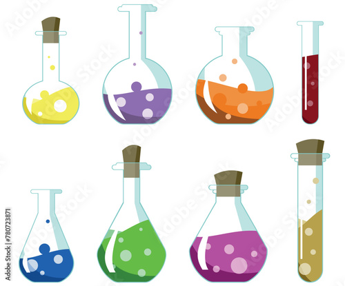 vector set of drawn flasks with multi-colored bubbling liquid