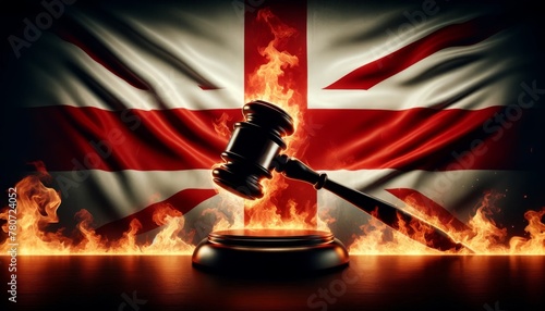 Judge gavel with burning flag of Northern Ireland - Judge's gavel superimposed on a fiery flag of Northern Ireland, conveys the theme of judicial power in turmoil photo