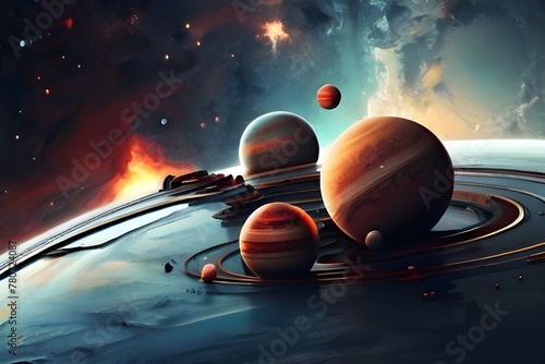 Worlds Far Away Planets. The Alluring Picture of a Starry Universe with Far-Off Gleaming Planets and Nebula,spaceship and planet