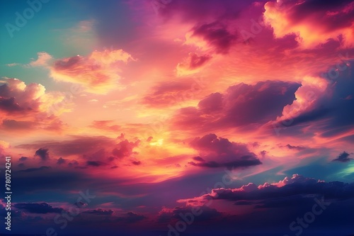  A dramatic sky with colorful clouds during sunset. The clouds are pink, purple, and blue, and there is a hint of orange on the left side. The sky appears to be setting, creating a beautiful and seren