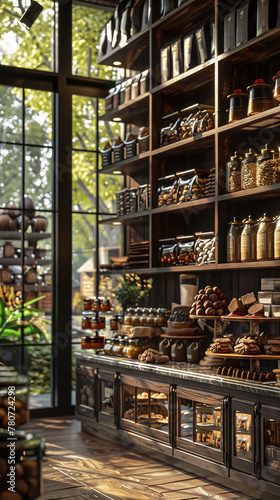 A cozy cafe lined with shelves of gourmet cocoa blends and truffles