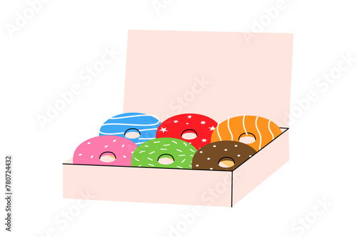 Donuts in a cardboard box. Bakery sweet pastry food. Vector illustration.