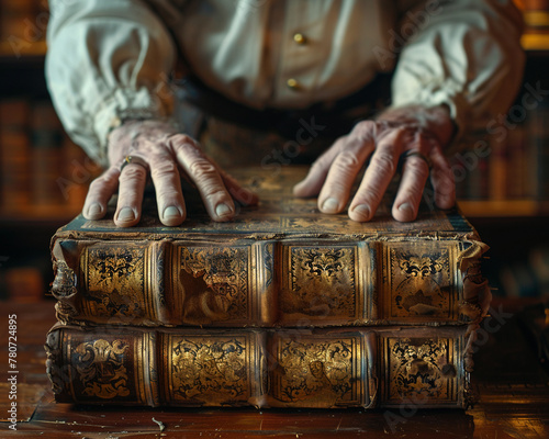 Gilded, silk, ornate cover, an artisan bookbinder delicately hand-finishing a royal tome in a grand library, photography, warm incandescent lighting, depth of field bokeh effect