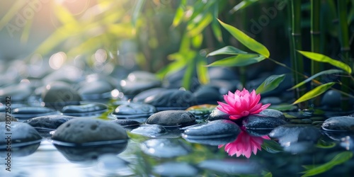 Bamboo and rocks with pink flower in water, spa background banner with copy space area for text and message Generative AI