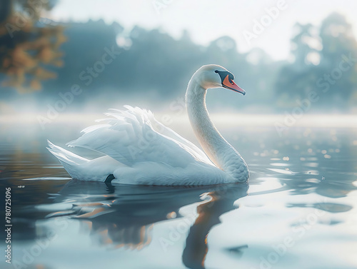 A white swan gliding gracefully across a glassy lake