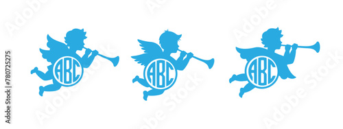 Cherub with name monograms. Kids monogram. Angel with a wings. Herald angel blowing trumpet. Cherub blowing into a tube. Vector illustration.