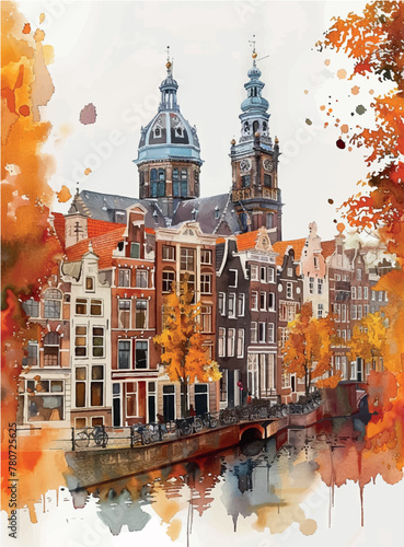 Romantic watercolor drawing of autumn streets, beautiful architecture and canals of Amsterdam in orange tones with a canal and boats