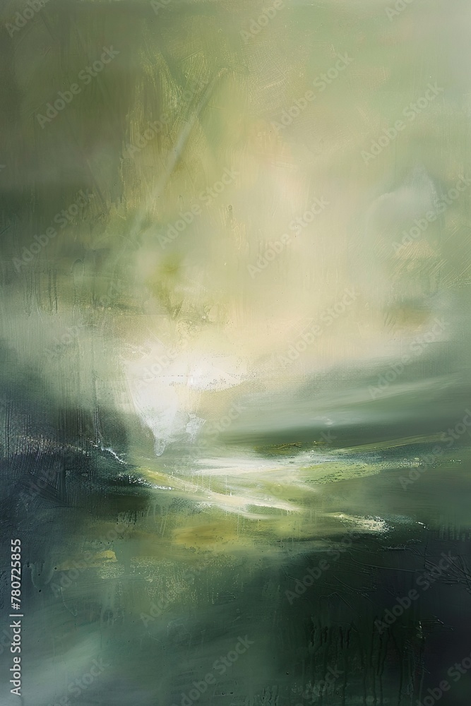 abstraktes Gemälde einer skandinavischen Landschaft mit Meer und Strand, dramatische Stimmung mit Wolken, Regen und Gewitter, Hintergrund für Krimi oder Thriller - obrazy, fototapety, plakaty 
