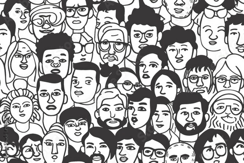 Seamless Ethnic Diversity Pattern of Cartoon Faces in Black and White