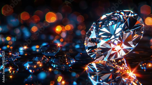 A close-up view of a shiny, precisely cut diamond on a dark background