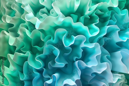 Volumetric background with abstract waves and green-turquoise gradient. Corals backdrop.