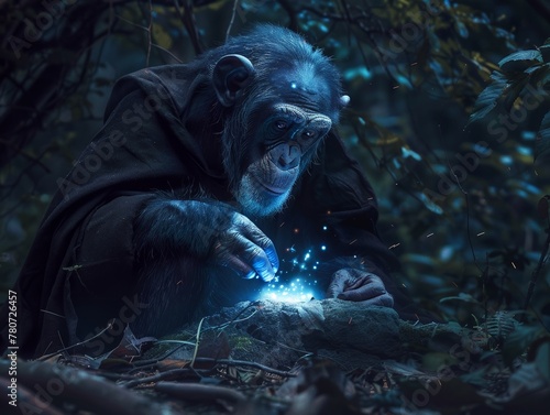 Chimpanzee wizard with a dark cloak performing an arcane ritual in a moonlit forest photo