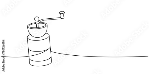 Small coffee grinder one line continuous drawing. Hand drawn elements for cafe menu, coffee shop. Vector linear illustration.