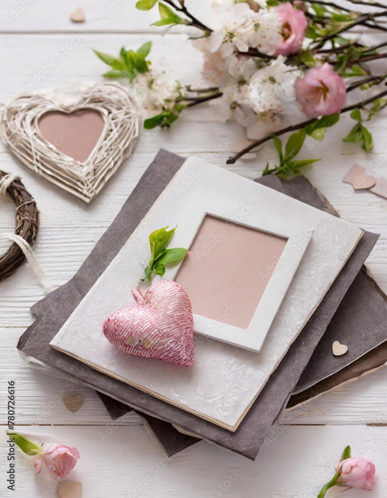 Spring-themed invitation card with heart ornament: elegant invitation card adorned with a heart and blank photo frames, amidst a spring floral decoration Spring-themed invitation card with heart ornament: elegant invitation card adorned with a heart and blank photo frames, amidst a spring floral decoration
