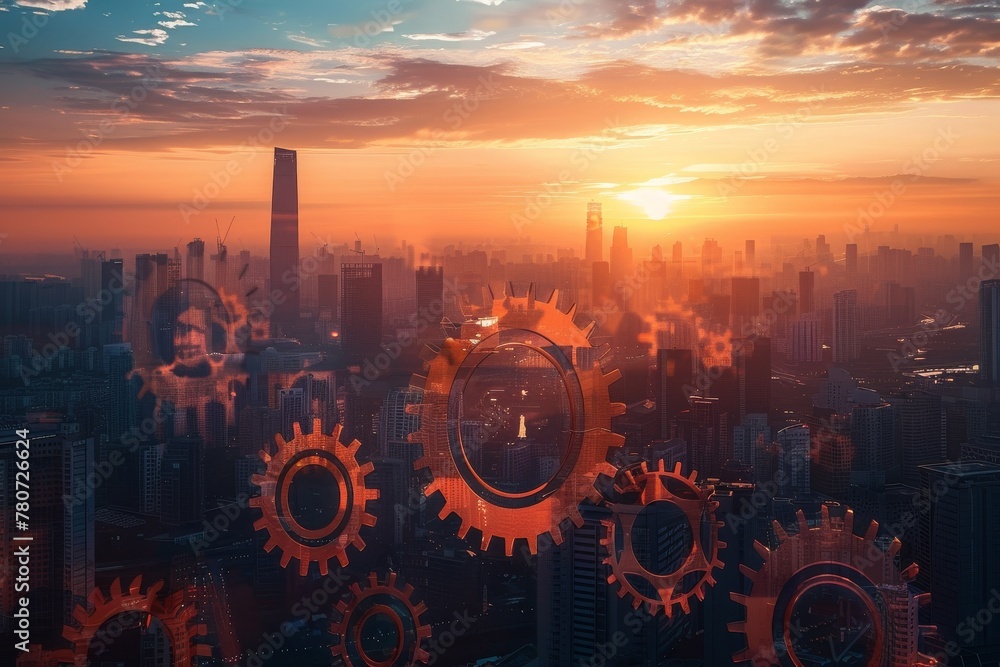 Sunset over city with translucent gears, representing strategic business growth - obrazy, fototapety, plakaty 