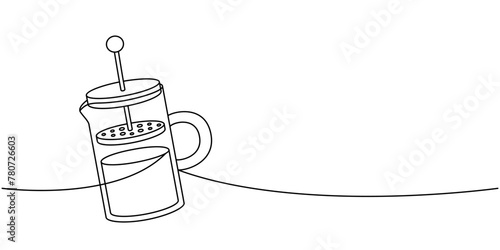 French press coffee one line continuous drawing. Hand drawn elements for cafe menu, coffee shop. Vector linear illustration.