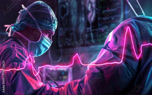 Surgeon with a heartbeat line flowing into an intense operating theatre scene