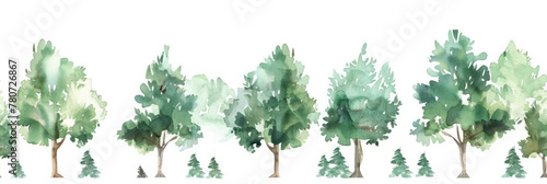 Seamless Watercolor Border Panorama of Deciduous Trees in Varied Green Hues