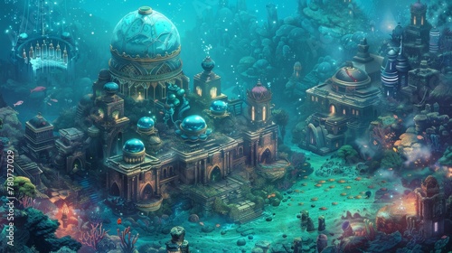 Undersea isometric Atlantis with crystal domes, merfolk, and ancient tech artifacts © Shutter2U