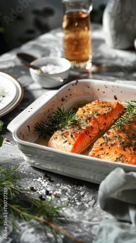 Cooked baked trout red fish fillet in a dish with seasonings and herbs on the table, healthy sea fish