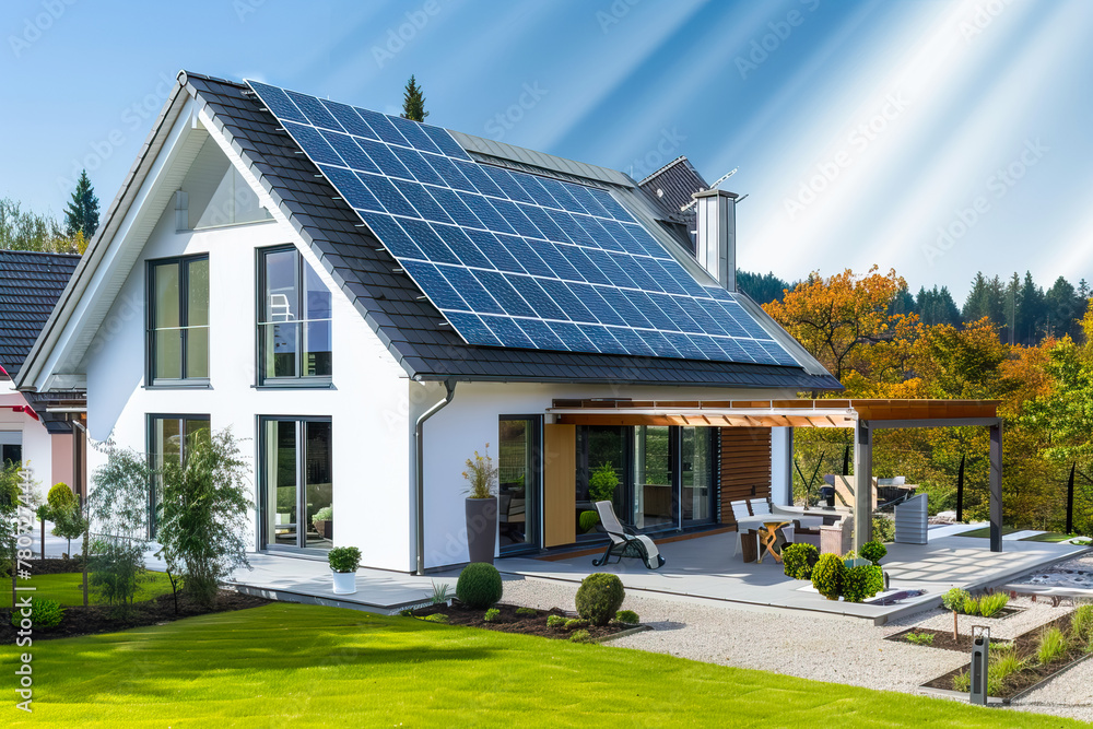 Modern eco-house with solar panels on the roof. Environmentally friendly electrical system. Modern eco-house with solar panels on the roof. Environmentally friendly electrical system.