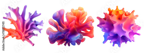 Three purple and orange gradient coral shapes objects on isolated white background photo