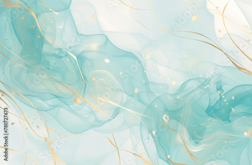 Abstract background with light blue and turquoise watercolor patterns, liquid marble texture with golden lines for wedding invitation card or banner design. 
