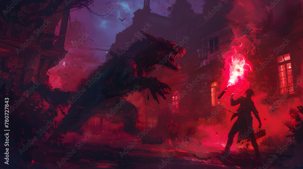 Fototapeta premium A suspenseful scene depicting a man with a flaming torch facing off against a ferocious Chupacabra in a gothic setting.