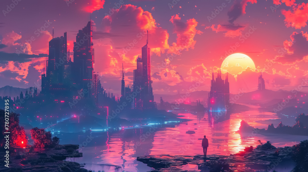 futuristic cityscape at sunset with towering skyscrapers, a lone figure, and reflective waters