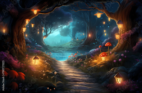 Storybook Background: Magical Forest Path with Glowing Lanterns in a Mystical Night Setting © Donald